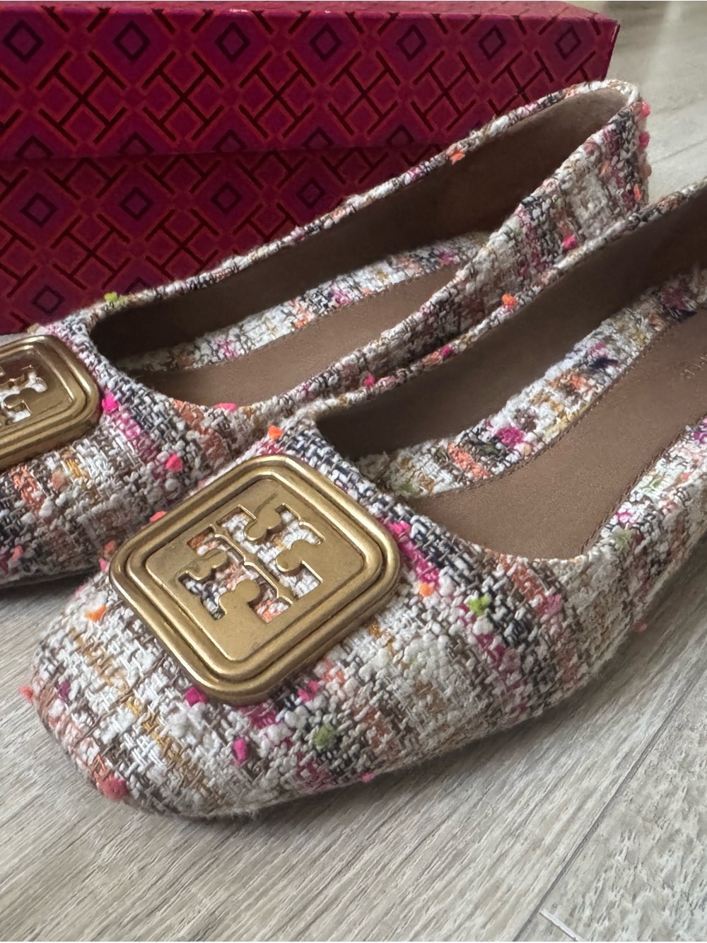 Tory Burch Multicolor Tweed Ballet Flats with Gold Logo Plaque